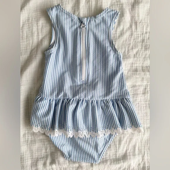 NWOT Sprout Baby Swimsuit - Blue & White Stripe, Ruffle Skirt - Size 1 - Picture 2 of 4
